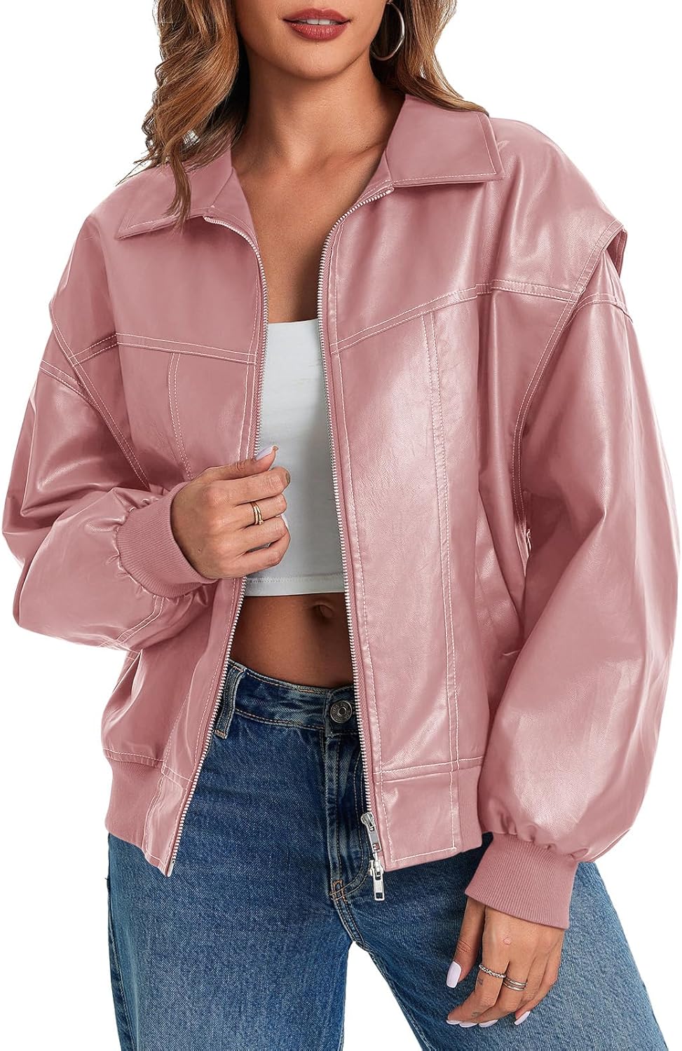 Tankaneo Womens Oversized Leather Bomber Jackets Cap Sleeve Zip Up Motorcycle Coats with Pockets - Image 5