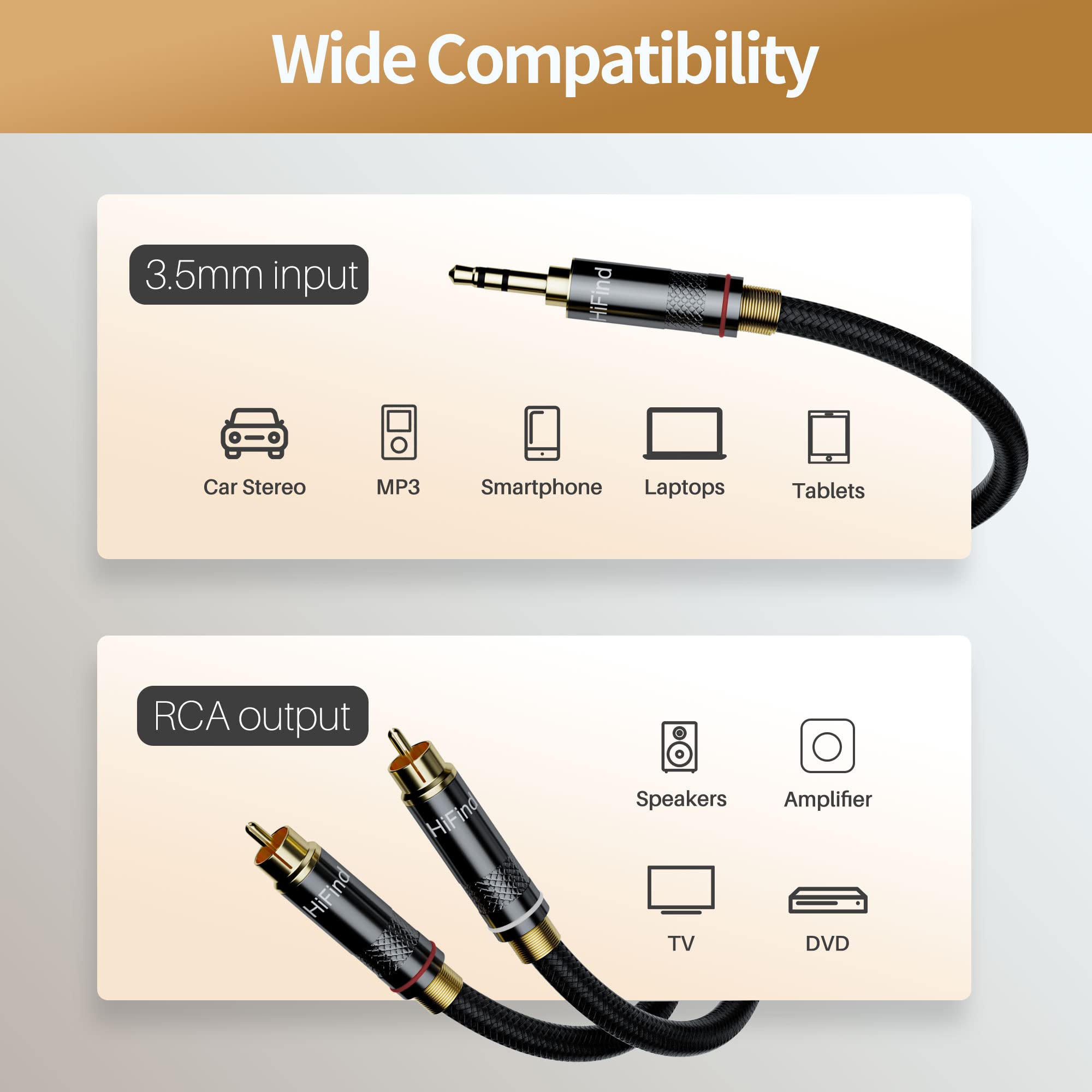 HiFind Cavo audio stereo da 3,5 mm a 2 RCA 1,2 m (suono Hi-Fi reale placcato in argento, molla SR intrecciata), 3,5 mm TRS maschio a doppio RCA maschio, cavo bidirezionale per Home Theater