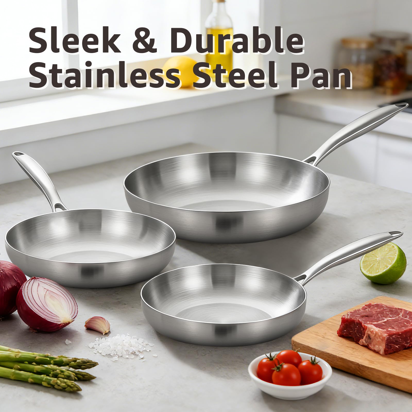 Inqibee Set di padelle a tre strati in acciaio inox da 22-26-30 cm, con coperchio, 3 pezzi, padelle, pentole e padelle, pentole a induzione, adatte al forno, manico staccabile