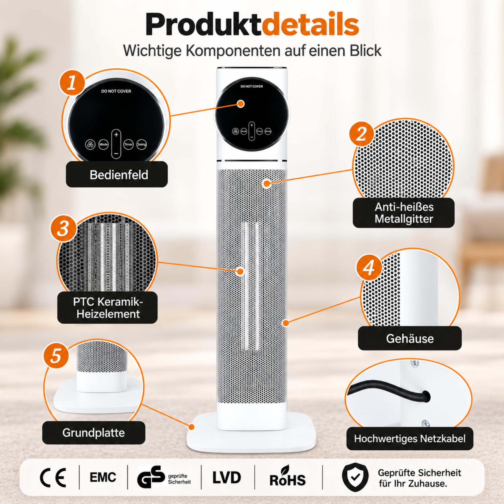 2500W PTC Keramik Heizlüfter Leise mit Fernbedienung & Oszillation