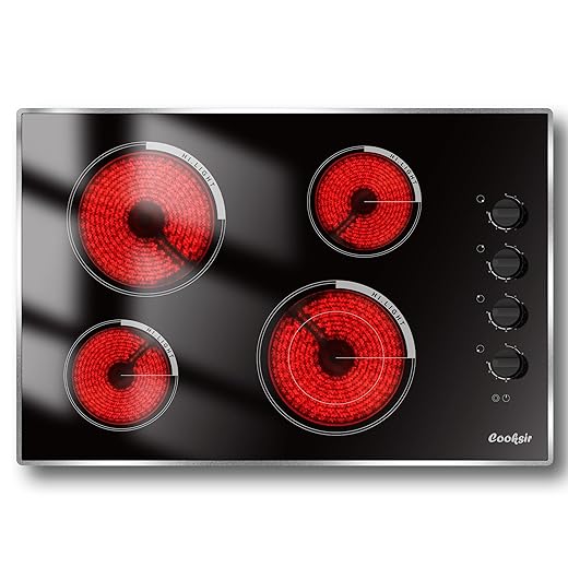 Electric Cooktop 30 Inch - 4 Burner Built-in(29.13"x19.3") Electrical Stovetop 7400W, 30 In Radiant Electric Stove with Glass Protection Metal Frame, Auto Shut Off, 220-240V Hard Wired