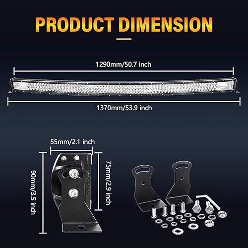 Miniatura 5 de RIGIDON Barra de luz LED curvada de 52 pulgadas y 675 W con conector DT, combo de punto de inundación de triple fila de 67500 lm, barra de luz