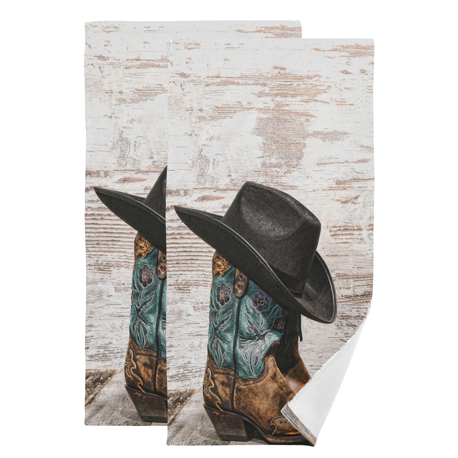KENADVI Western Rodeo Cowboy Hand Towels Set of 2,Soft Absorben Black Grey Hat Brown Boots Kitchen Dish Towels,Retro Grunge Art Decorative Hand Towels