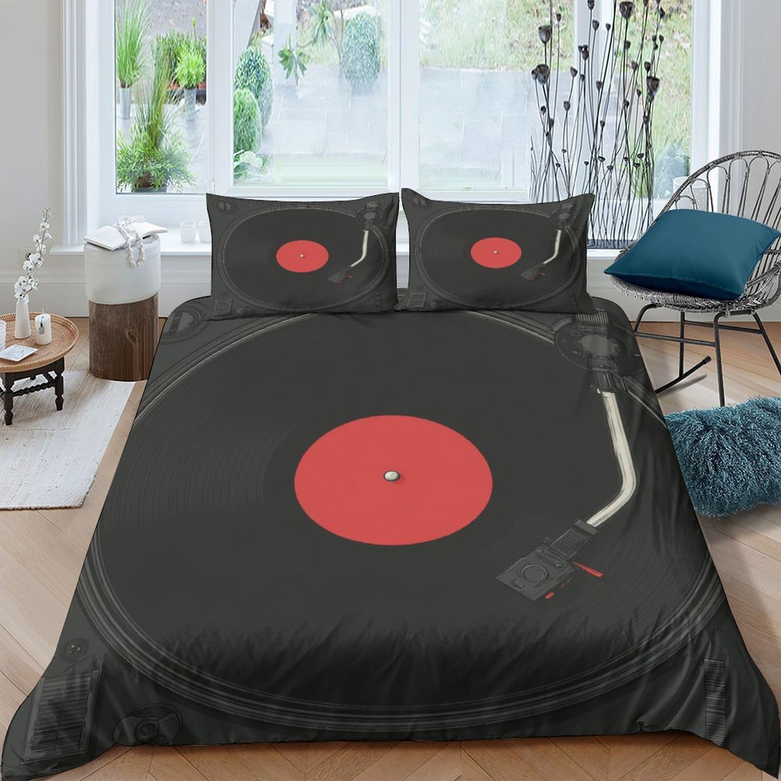 Ctjqhvkz Style-5 3D Printed Vinyl Record Fitted Sheet Microfiber Black Red Music Turntable Bed Cover For Bedroom Dorm Mattress Protection Decor Single（135X200cm）