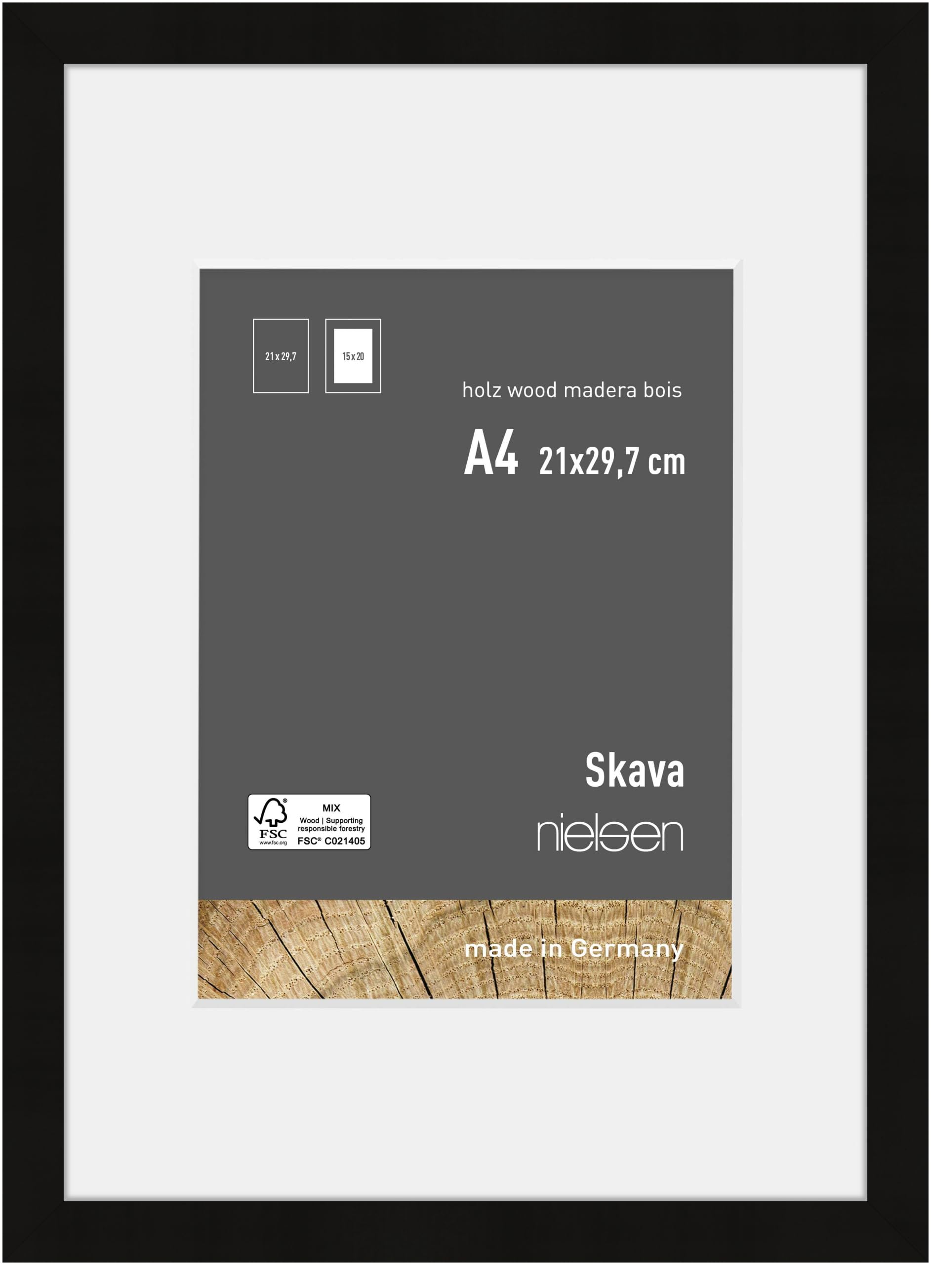 Nielsen Skava A4 Wooden Picture Frame - Black - 15 x 20cm Mount - Glass Front