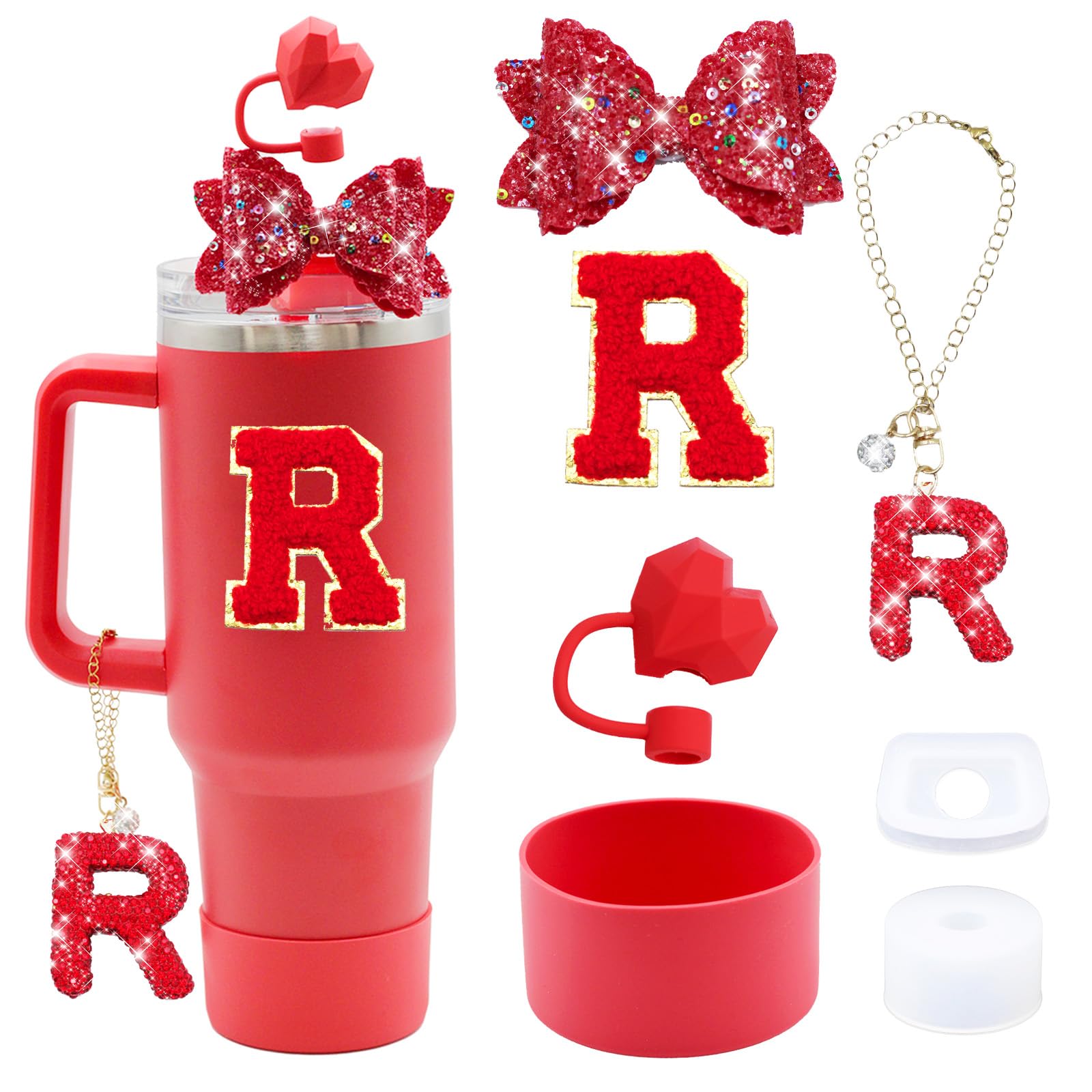 Liangang 7Pcs Red Stanley Cup Accessories Set For Stanley Cup 30oz 40oz tumbler with handle,Including Heart Straw Topper Cover Cap,Letter Charm,Red