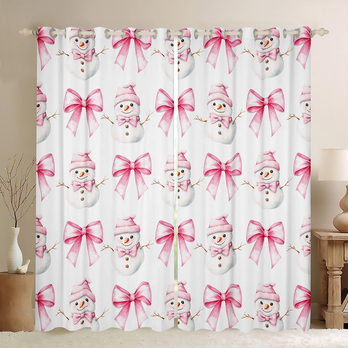 Cartoon Snowman Kids Blackout Curtains,Pink Bowknot Bow Tie Princess Toddler Window Drapes for Girls Women,Merry Christmas Xmas Bow New Year Window Treatments Grommet Top 2 Panel Set,46Wx72L inch โ image 1
