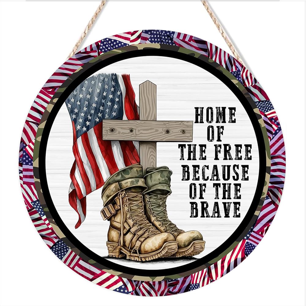 kisoyo Retro Round Sign Home of The Free Because of The Brave Military Boots and Cross 4Th of July Independence Day Hanging Wood Sign Novelty Funny Garage Bar Kitchen Home Gift 10"x10"