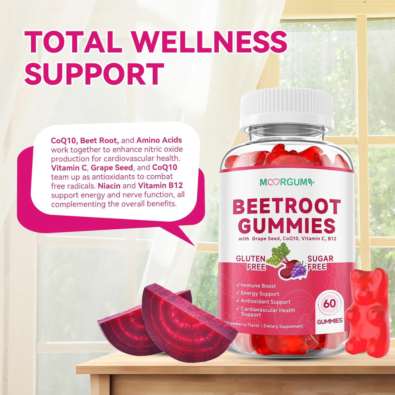 Beetroot Gummies for Blood Pressure, Antioxidant Support, Sugar-Free, for Women & Men with Beet Root, Grape Seed, Niacin, CoQ 10, Vitamin C, B12, L-Citrulline, L-Arginine Beets Supplements, 60 Count - Image 5