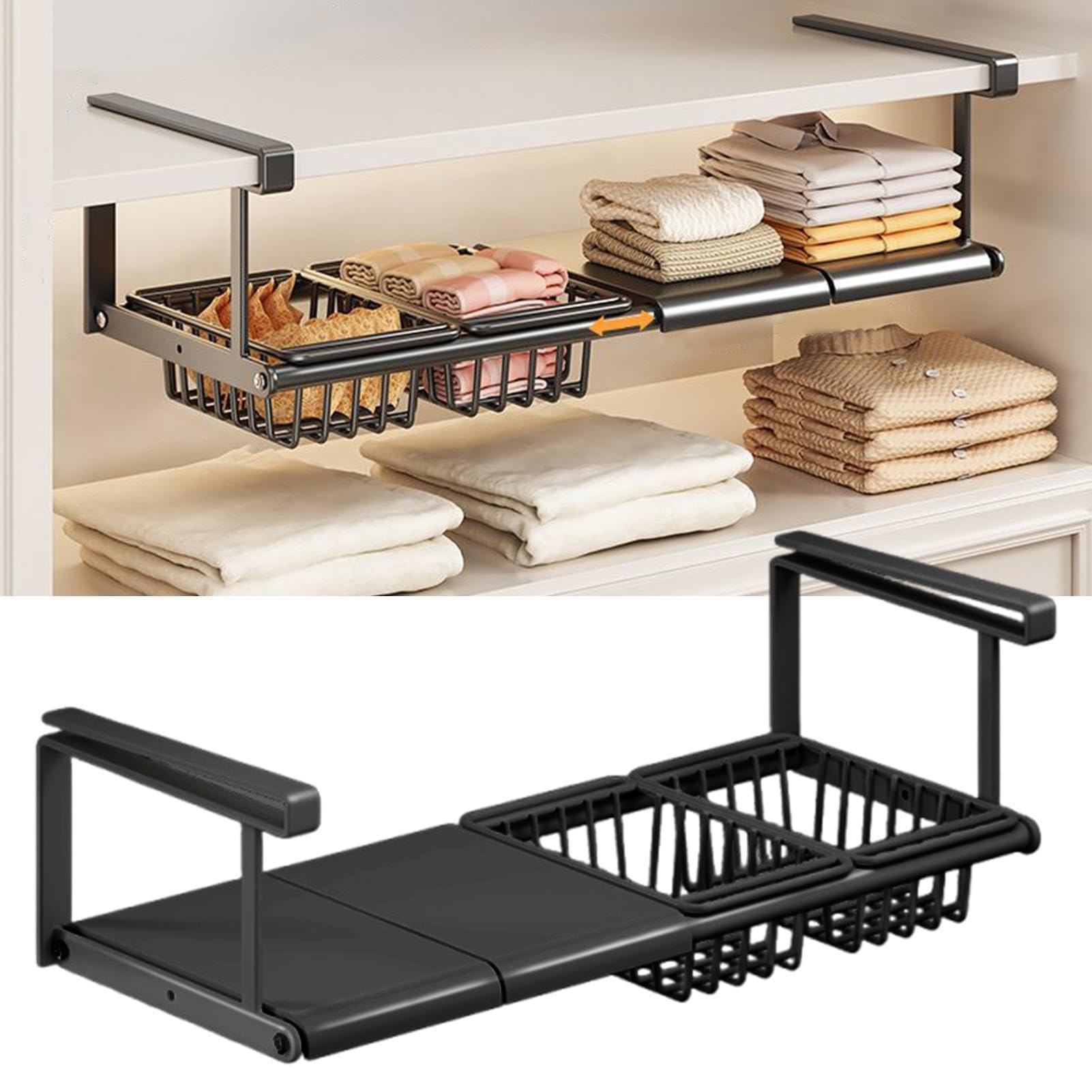 Mensola Sotto Contenitore Estensibile Senza Foratura | Cesto Organizzatore sotto Mensola per Cucina, Dispensa, Armadio, Ripostiglio, Lavanderia, Camper, , Bagno