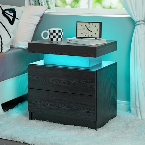 Miniatura 30 de Generic Juego de 2 Mesita de noche con 2 cajones, mesa de noche con cajones para muebles de dormitorio, mesa auxiliar con luz LED Blanco,Negro