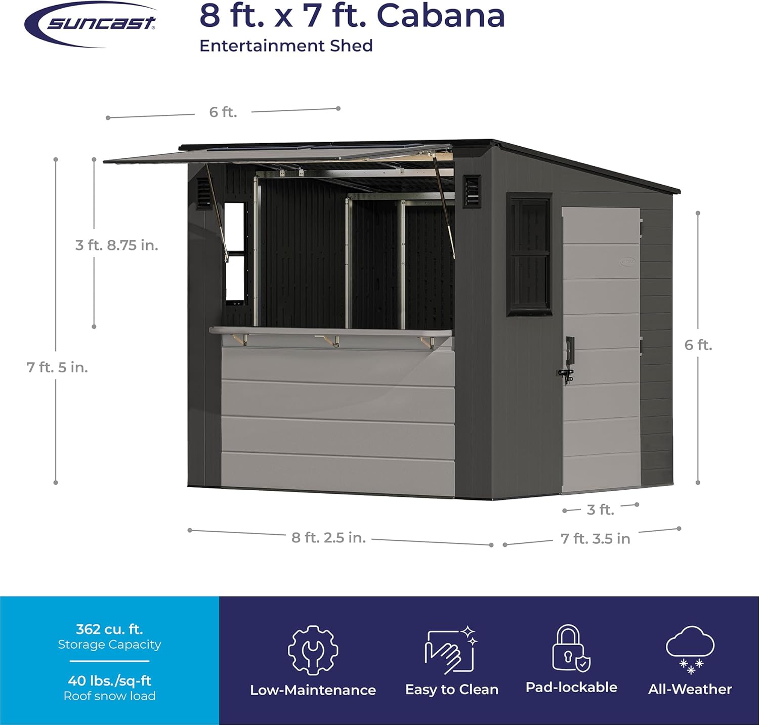 Diagram showing dimensions of the Suncast Cabana Entertainment Shed.
