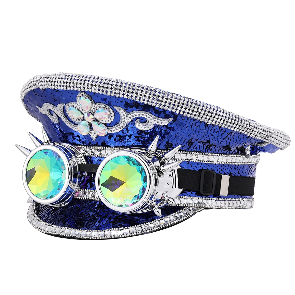 GRACEART Music Festival Burning Man Hat Sequin Military Captain Top Hat Adults Steampunk Headwear Cap with Goggles (Style05)