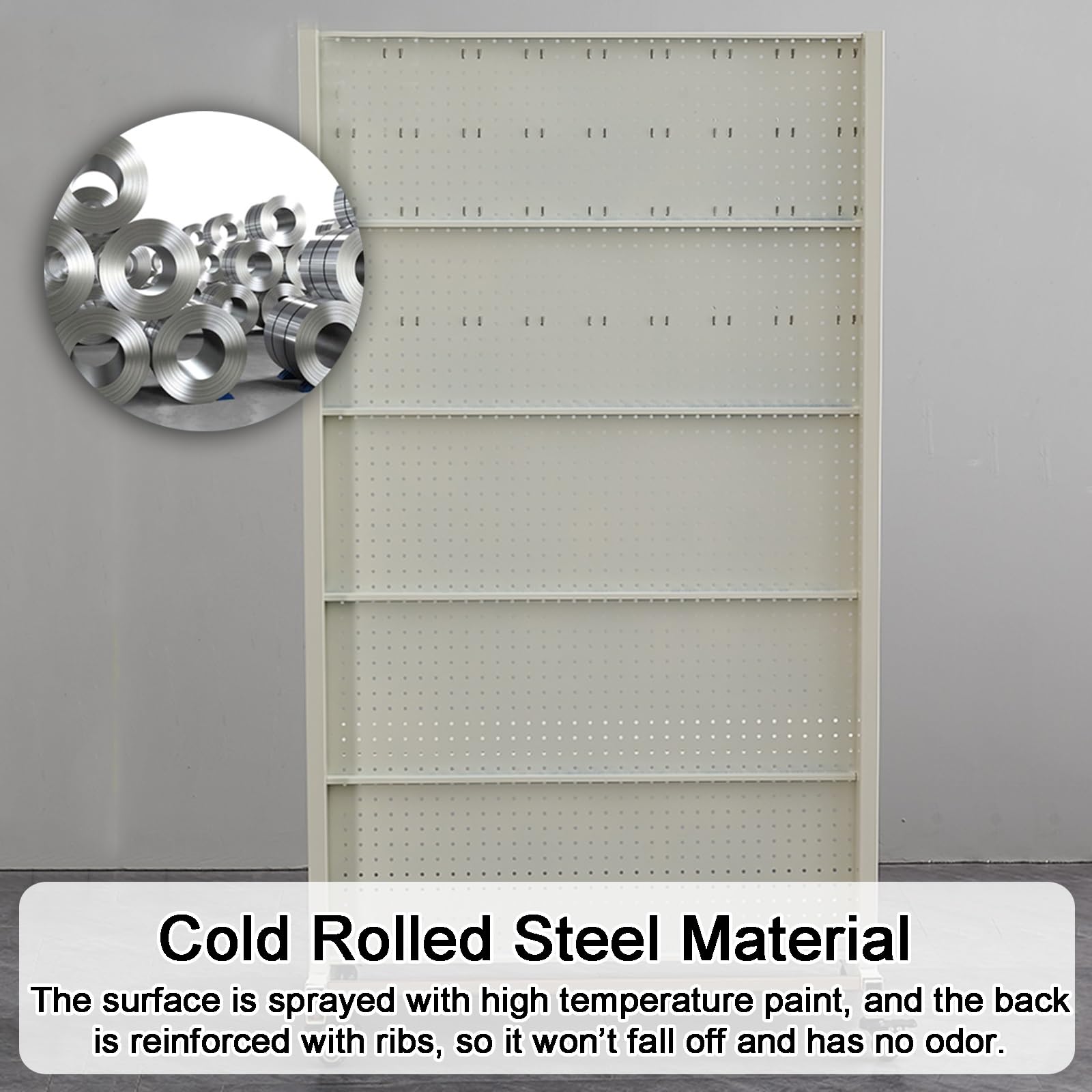 Werkzeugwand Metall Lochwand mit 30 Haken, Ablagen und Universalrollen, Freistehende, Bewegliche Stehende Stecktafel-Display(123 * 164cm/48 * 65in)