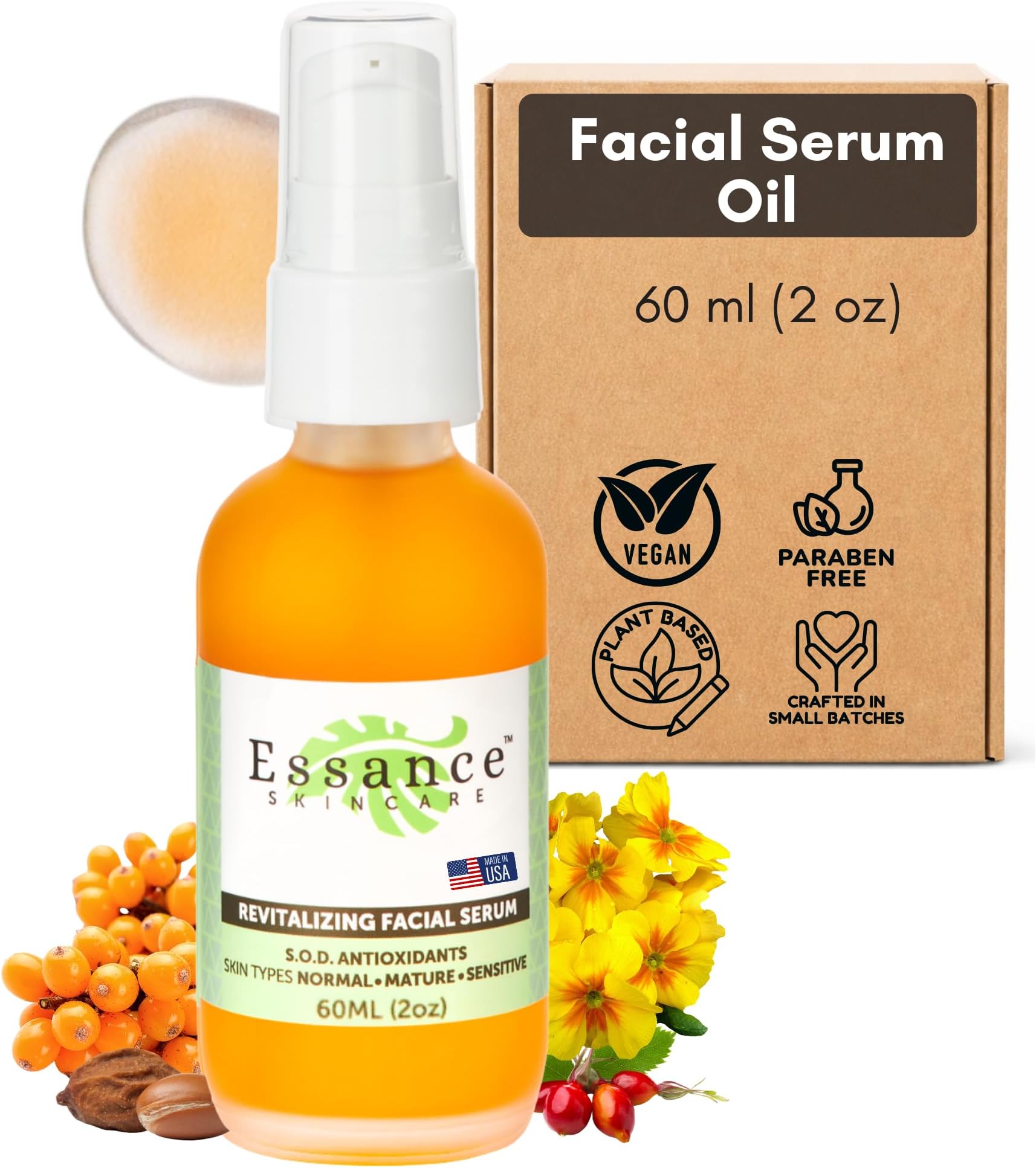 Essance Face Serum for Women & Men – 60 mL (2 oz) | Lightweight Facial Serum with Sea Buckthorn, Vit E, Jojoba Oil | Vegan Daily Skin Care for Day, Night | Unisex Travel Essential for All Skin Types