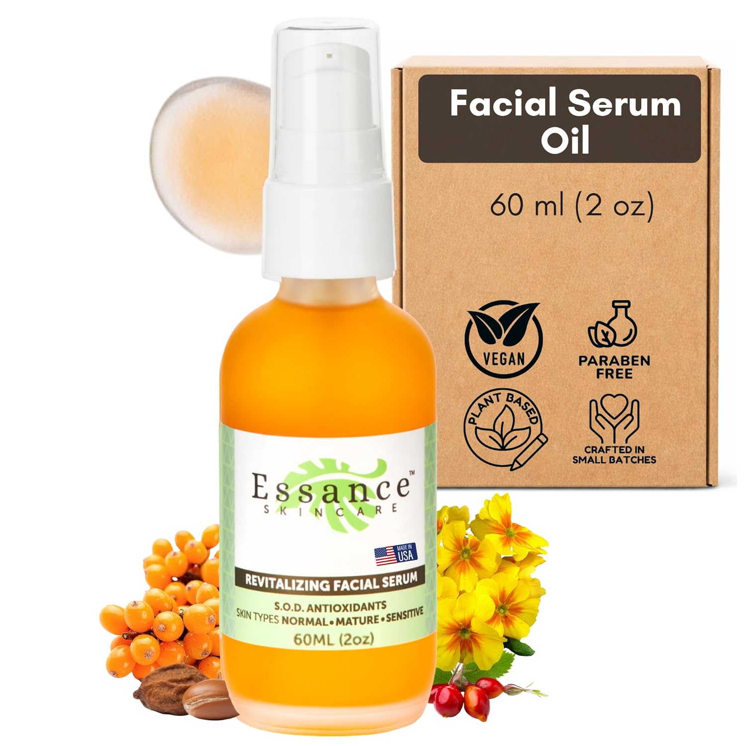 Essance Face Serum for Women & Men – 60 mL (2 oz) | Lightweight Facial Serum with Sea Buckthorn, Vit E, Jojoba Oil | Vegan Daily Skin Care for Day, Night | Unisex Travel Essential for All Skin Types