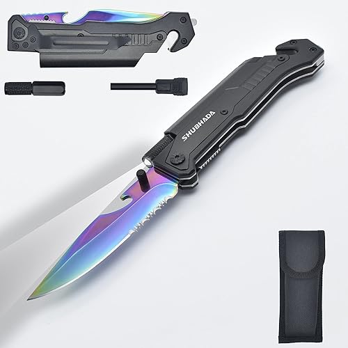 Miniatura 1 de SHUBHADA Cuchillos de bolsillo plegables Cuchillos de herramienta de emergencia multifunción Led Light Magnesio Iniciador de fuego Cortador de
