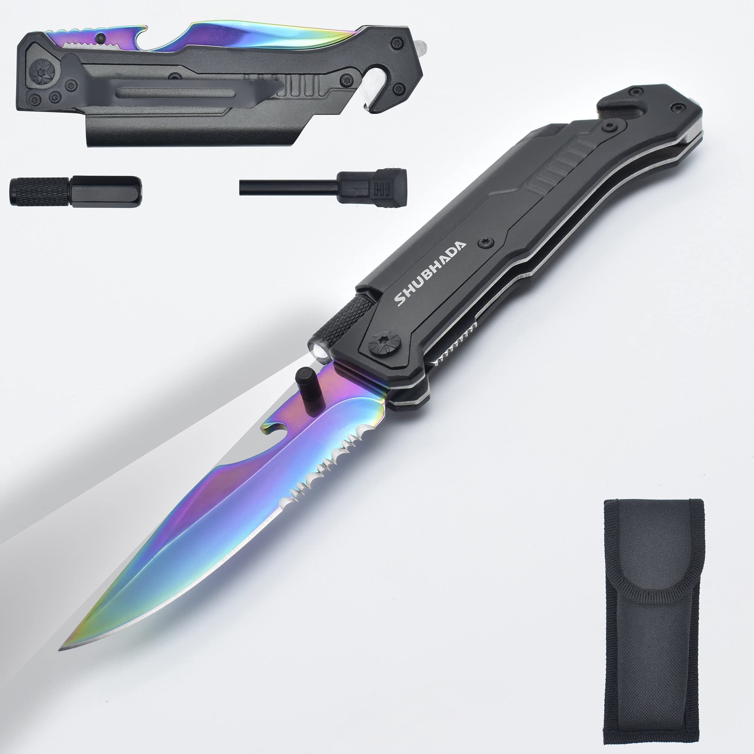 SHUBHADA Folding Pocket Knives Multi Function Emergency Tool Knives Led Light Magnesium fire starter Seatbelt cutter Glass breaker Bottle opener（