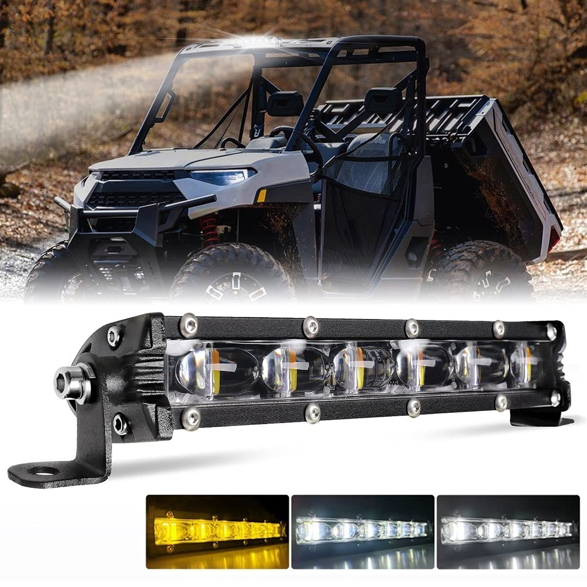 UNI-SHINE Small Light Bar 7 inch led Dual Color Strobe Led Light Bar Single Row 6D White/Amber 30W Spot Flood Combo Yellow Fog Lights Flashing Compatible with Jeep Truck SUV RZR ATV UTV