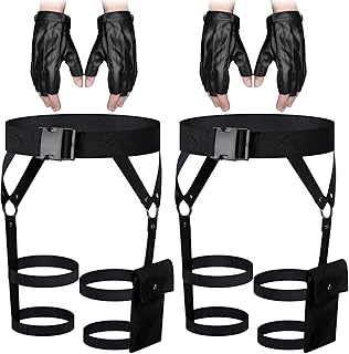 2 Pieces Women's Multi Strap Garter and One Pair of Leather Gloves Black Pocket Utility Belt Costume Accessory Adjustable Leg Straps for Halloween Party - Buy now