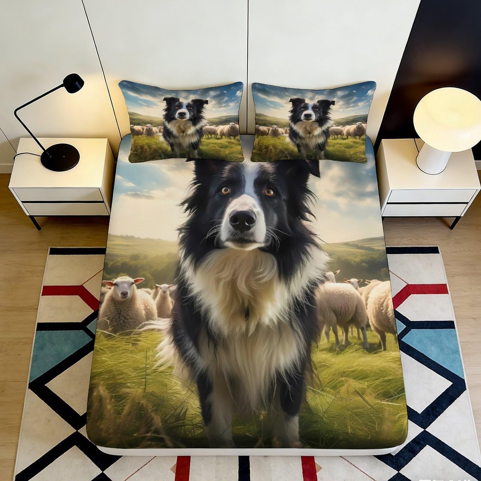 3D Printed Border Collie Dog Fitted Sheet Microfiber Soft Breathable Sheep Field Bed Cover for Bedroom Dormitory Guest Room Mattress Protection Decor 200x200x25cm