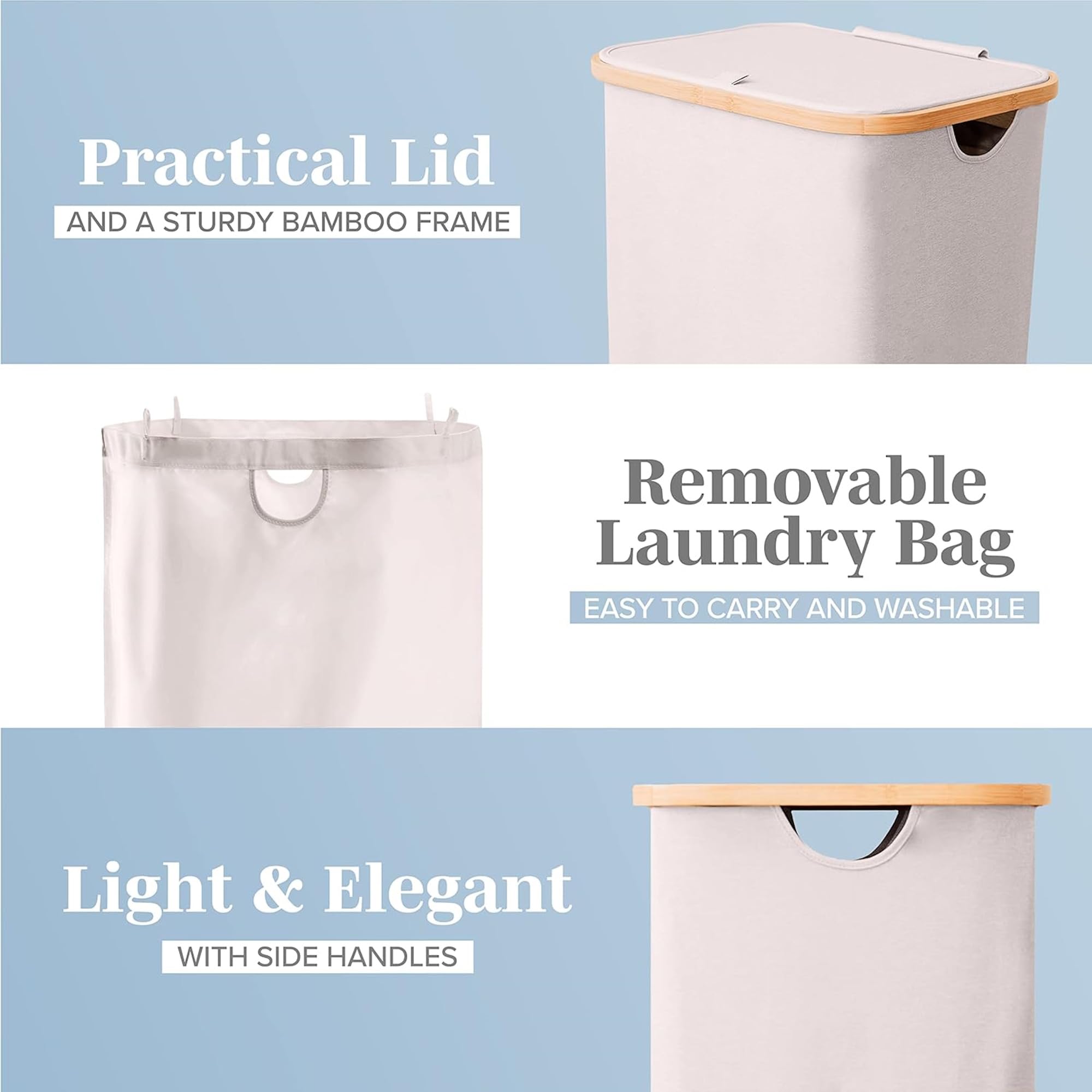 LONBET Wasmand met deksel 100L Large - Stijlvolle wasmand Ademend met stevig bamboe frame - inclusief uitneembare waszak Wasbaar - Wasmanden Waterdicht | Beige