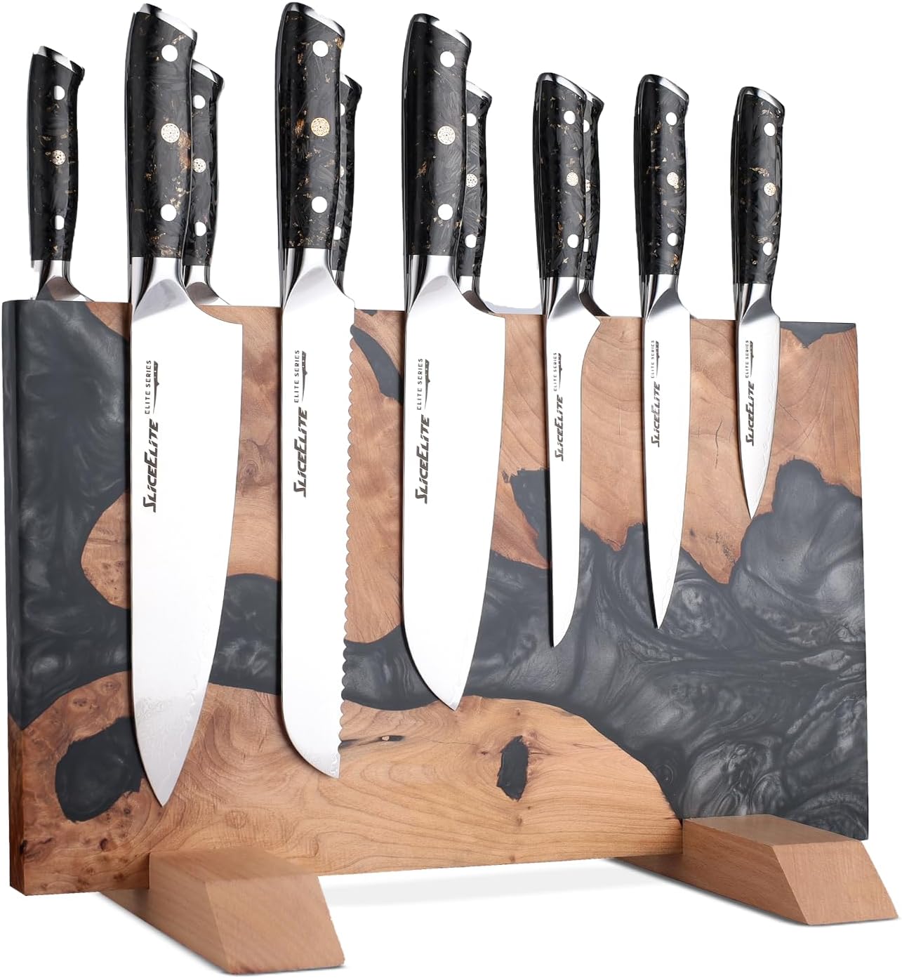 SliceElite Magnetic Knife Block Double Sided Holder East Indian Walnut Black Resin Dual Surface Magnet Storage for Knives on Kitchen Countertop Holds Up To 20 Knives