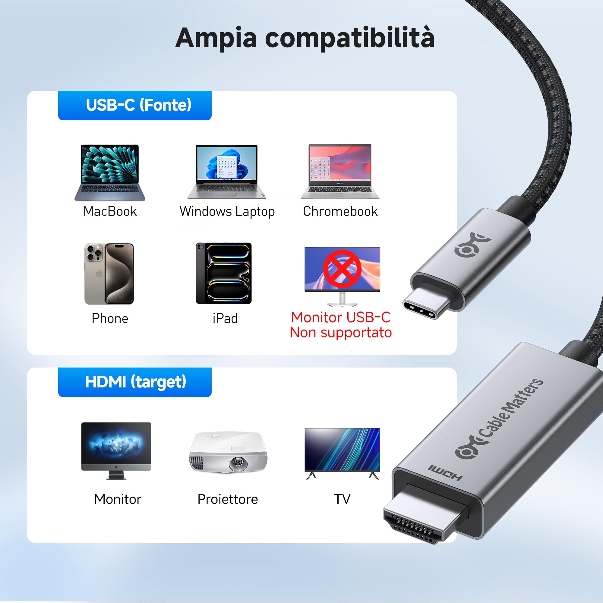 Cable Matters Cavo USB C a HDMI 2.1 unidirezionale da 48 Gbps 8K per macOS, Windows - 3 m, supporta 4K@240Hz/8K@60 Hz con HDR, cavo da Thunderbolt 4 a HDMI 2.1, compatibile con laptop Thunderbolt 7