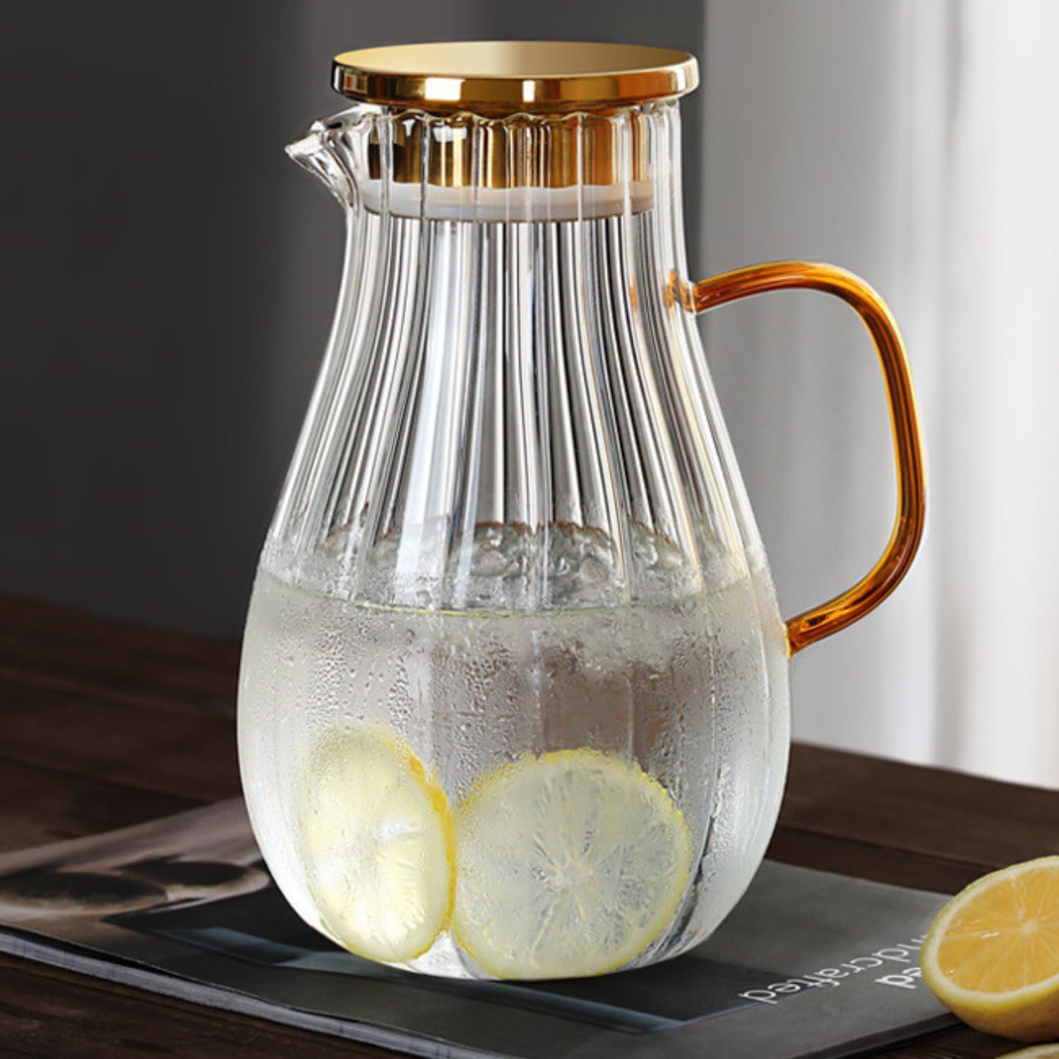 Premium Ribbed Glass Water Jug with Golden Lid & Handle Heat Resistant Borosilicate Glass Pitcher for Water, Juice, Iced Tea, Cold Drinks Serving Carafe for Home, Office, Dining Table – 1.8L-image-9
