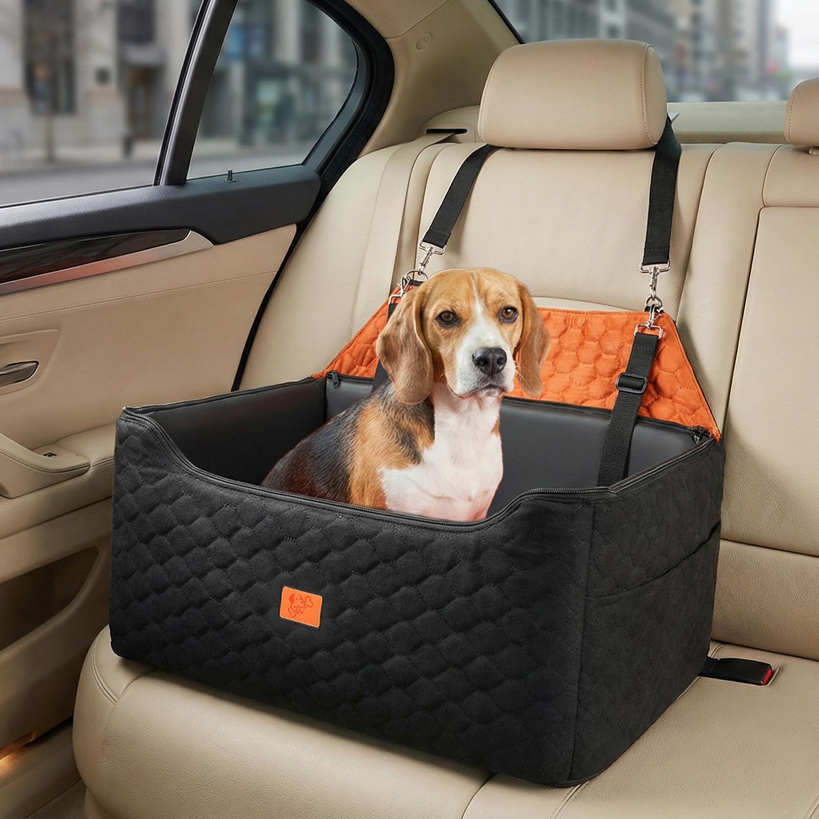 Siège Auto Grand Chien,Rehausseur Amovible et Lavable avec Housse en Cuir Imperméable, pour Chiens de Moyenne et Grande Taille Laisse Incluse, Panier Chien Voiture Plus Lourds78x55x53CM(Brunâtre Noir