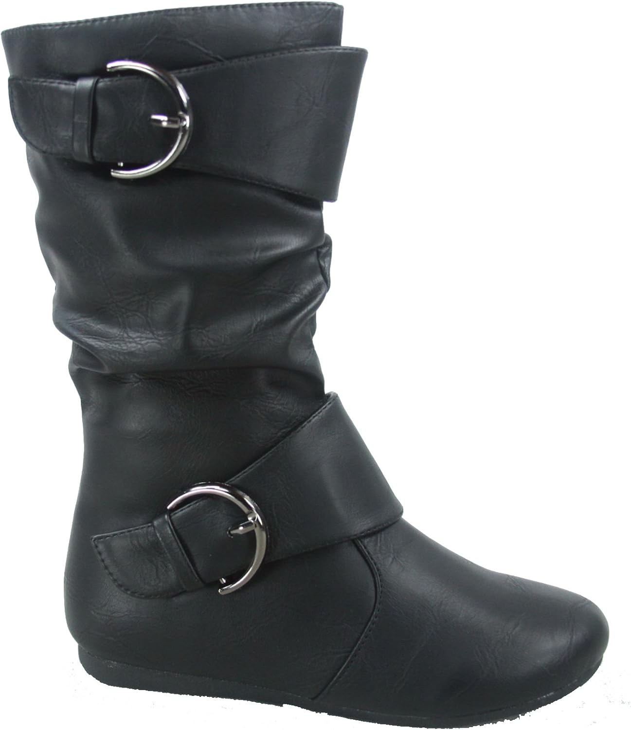 Link Klein-80K Girl's Kid's Cute Faux Leather Two Buckle Zipper Flat Heel Mid Calf Boot Shoes,Black,11