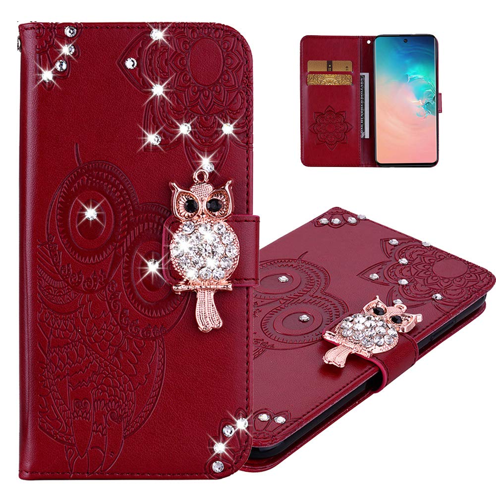 MRSTERUS iPhone XR Case Luxury Durable Fashion Glittering Jewel Owl Shockproof PU Leather Wallet Flip Bracket Card Slot Magnetic Silicone Bumper Folio for iPhone XR Owl Red-Brown YK