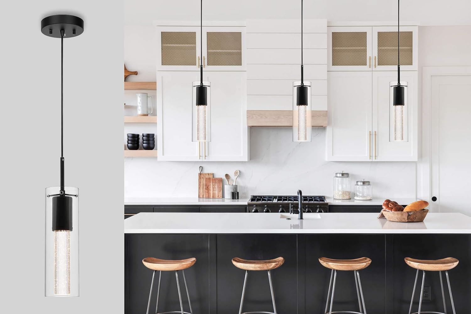 XiNBEi Lighting Pendant Light Fixtures, Black Pendant Lights Kitchen Island with LED Bulb & Bubble Crystal, Kitchen Hanging Lighting for Dining Table Hallway Bedroom Living Room XB-P1110-MB