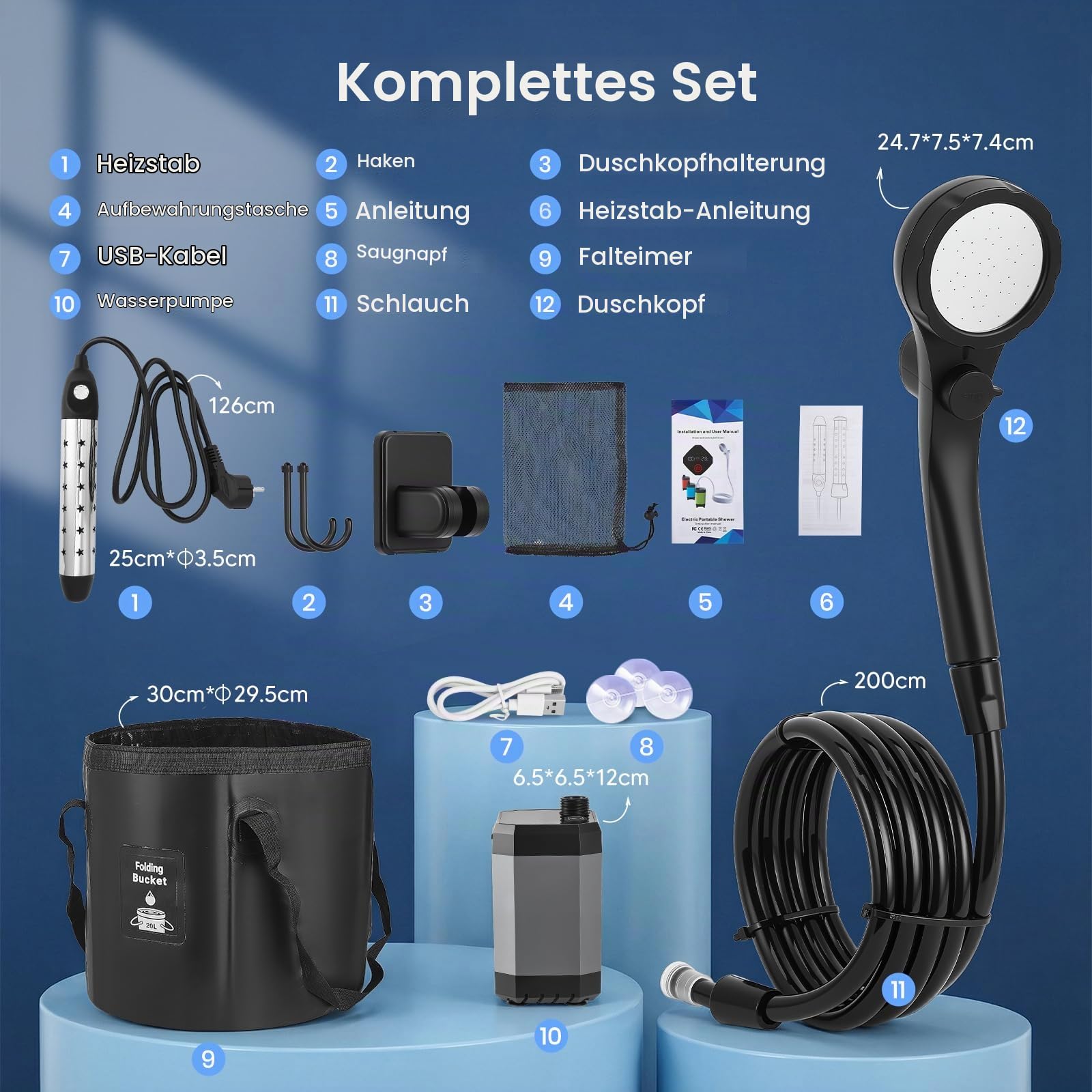 Campingdusche mit 6000 mAh Akku, Pumpe, 200 cm Wasserschlauch, Mobiles Duschset, Outdoor Dusche für Garten, Autowäsche, Haustiere, Strand und Reisen
