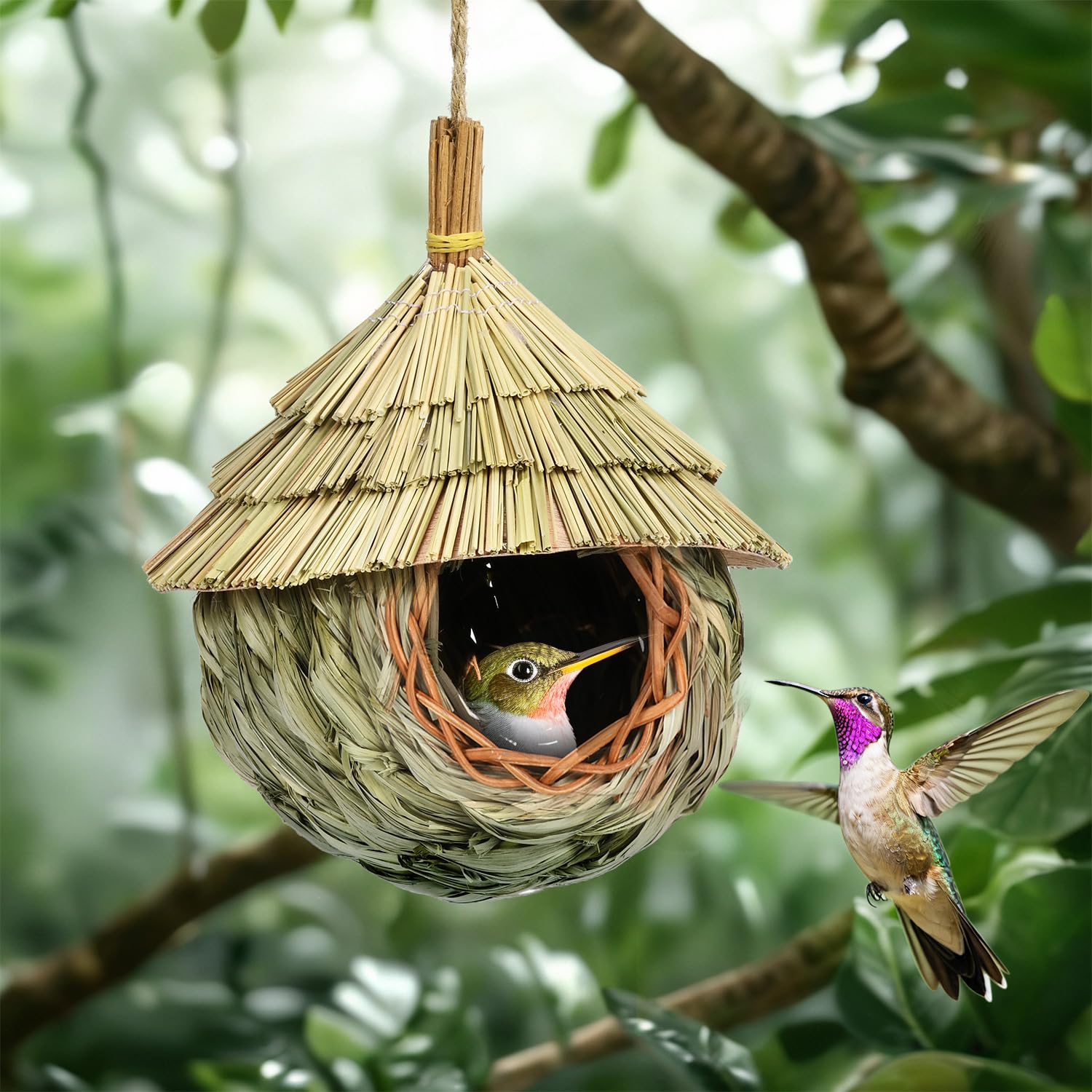 2 Pezzi Nido per Uccelli, Casetta per Uccelli, Casetta per Uccelli da Appendere, Natural Casa degli uccelli di paglia, Nido per Uccellini da Esterno, per Piccoli Uccelli Come Colibrì, 19x15 cm