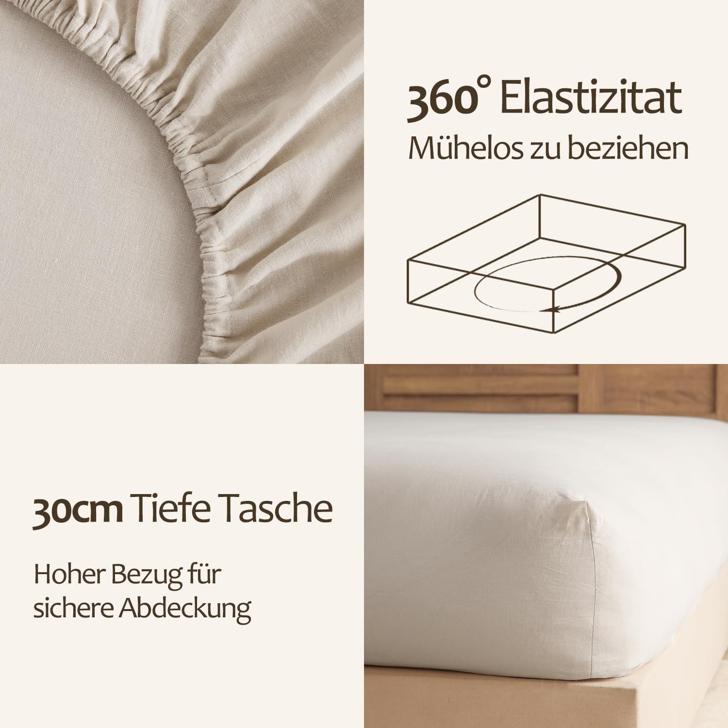 DAPU Halbleinen Spannbettlaken, Naturfaser Luftiges Kühlendes Sommerbettlaken, Gewaschenes Weiches Leinen Baumwolle Spannbetttuch für Hotsleepers, 160×200cm mit 30cm tiefen Tasche, Beige