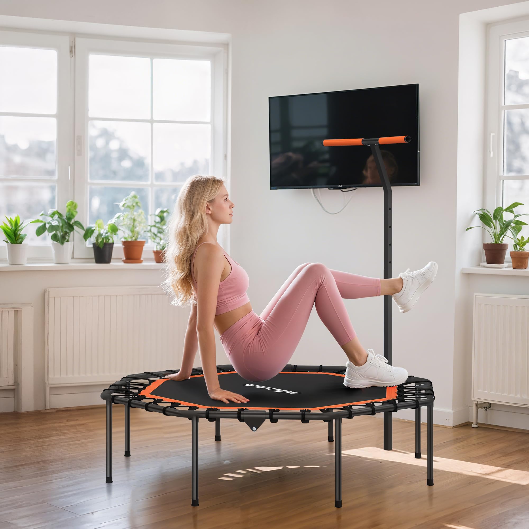 SPORTNOW Fitness Trampolin klappbar Ø128 cm Mini Trampoline mit 5-Stufig Höhenverstellbarem Haltegriff, leise Gummiseil, Trampolin für Erwachsene, Trampoline für Indoor Outdoor Jumping