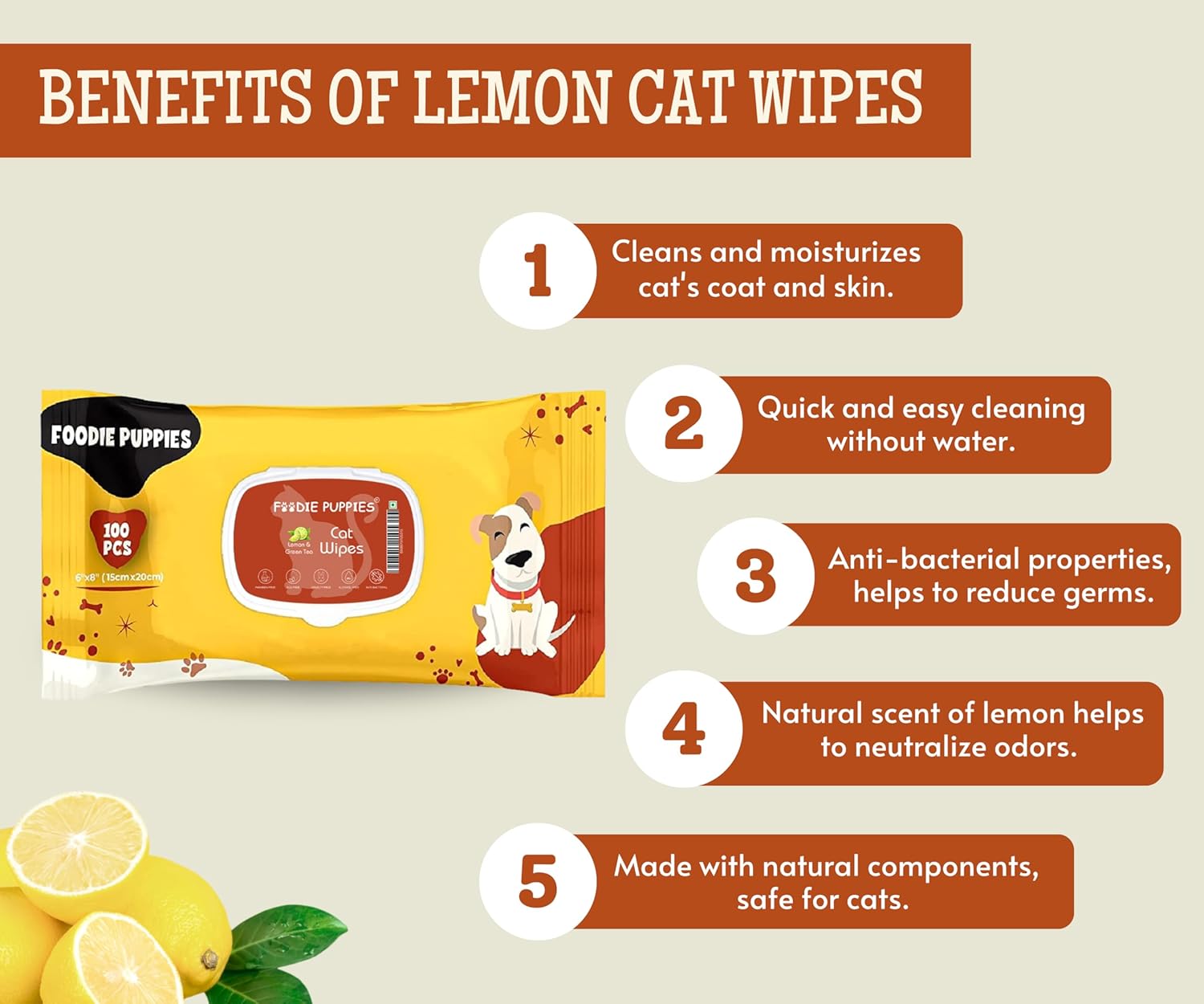 Foodie Puppies Anti-Bacterial (Cat Lime Wipes) Pet Wet Wipes for Cats & Kittens | (100 Wipes X 5 Pack), 15cm x 20cm | Fresh Lemon & Green Tea Scent | Paraben Free & Cruelty Free | Alcohol Free Foodie Puppies Anti-Bacterial (Cat Lime Wipes) Pet Wet Wipes for Cats & Kittens | (100 Wipes X 5 Pack), 15cm x 20cm | Fresh Lemon & Green Tea Scent | Paraben Free & Cruelty Free | Alcohol Free