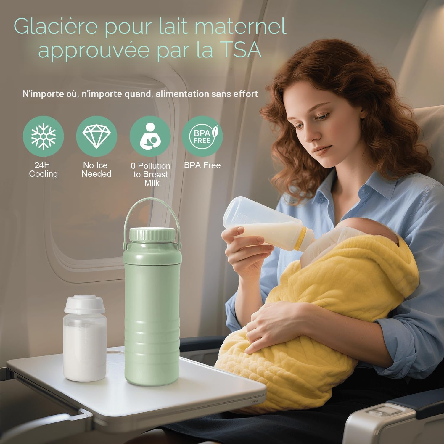 Glaciere Lait Maternel, Grande Capacité de 620ml Portable Glacière Lait Maternel, Adapté à L'extérieur et aux Voyages, Réfrigération à 360°, Fraîcheur 24Heures, Comprend Deux Biberons