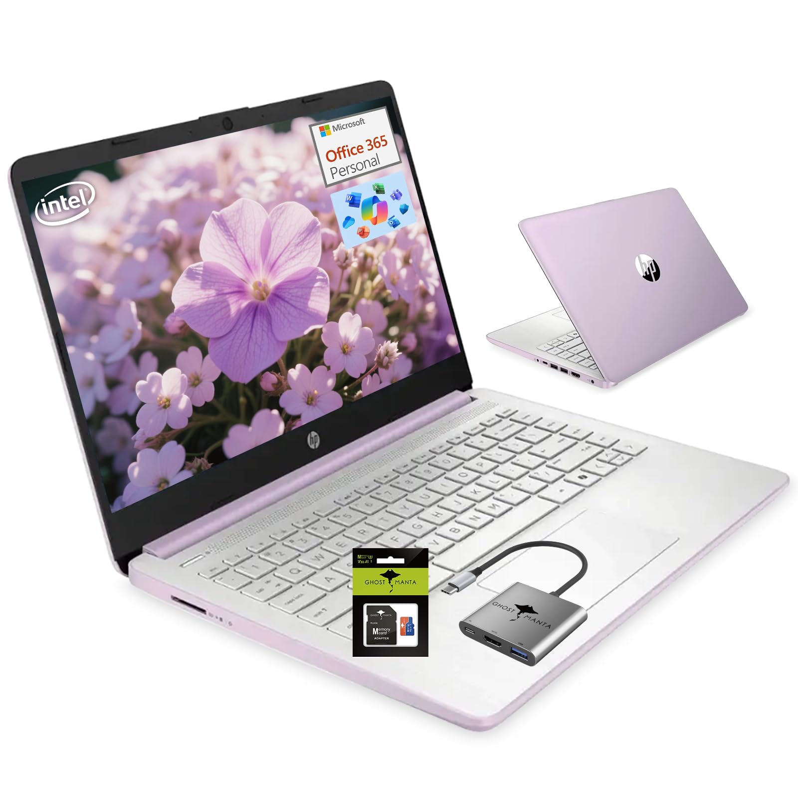 Portátil HP de 14" para estudiantes con Office365 Copilot AI, procesador Intel N150 de 4 núcleos (hasta 3,6 GHz), 16 GB de RAM, 256 GB de almacenamiento (128 GB UFS + tarjeta SD Ghost Manta de 128 GB), Wi-Fi 6, Windows 11, color lavanda miel.