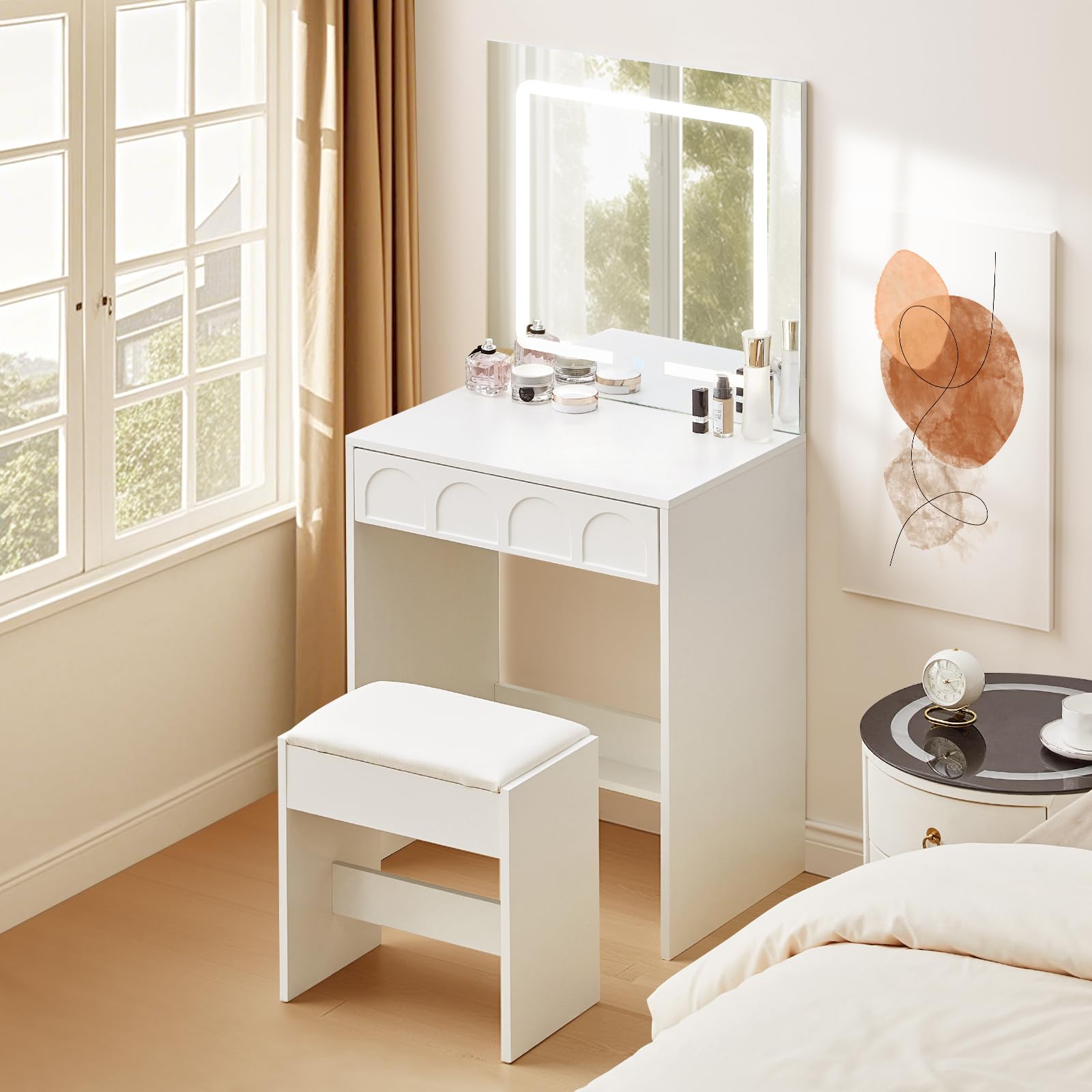 TUKAILAi Tocador de Maquillaje con Luz LED Pequeño, Mesa de Maquillaje Compacto con Cajón y Taburete, Blanco Tocador para niña 60 x 40 x 135 cm (Blanco)