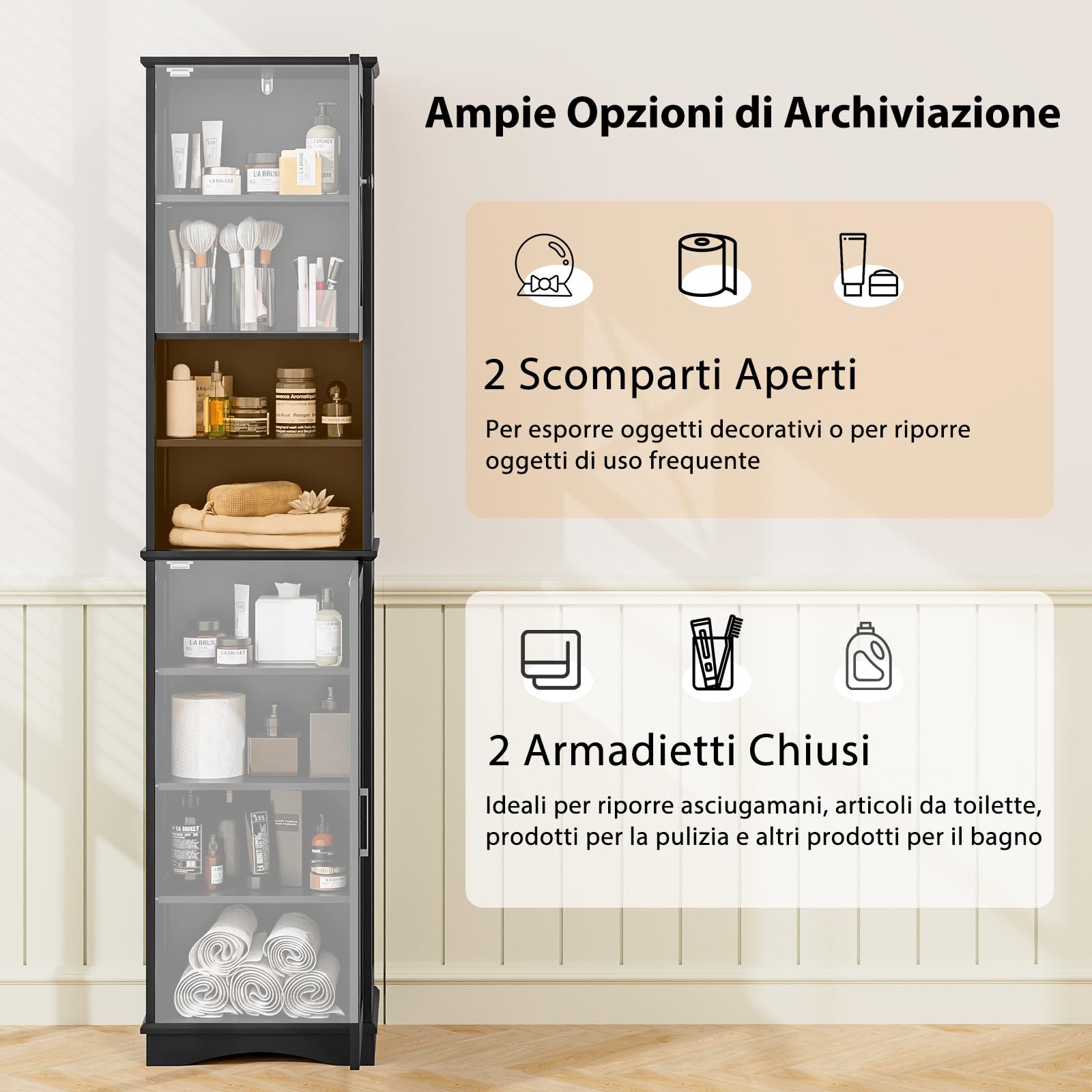 COSTWAY Mobile Bagno 40 x 30 x 170,5cm, Armadietto a Colonna Stretto e Alto con 5 Ripiani Regolabili e 2 Porte, Armadio da Terra in Legno per Soggiorno, Camera da Letto, Salotto e Cucina (Nero)
