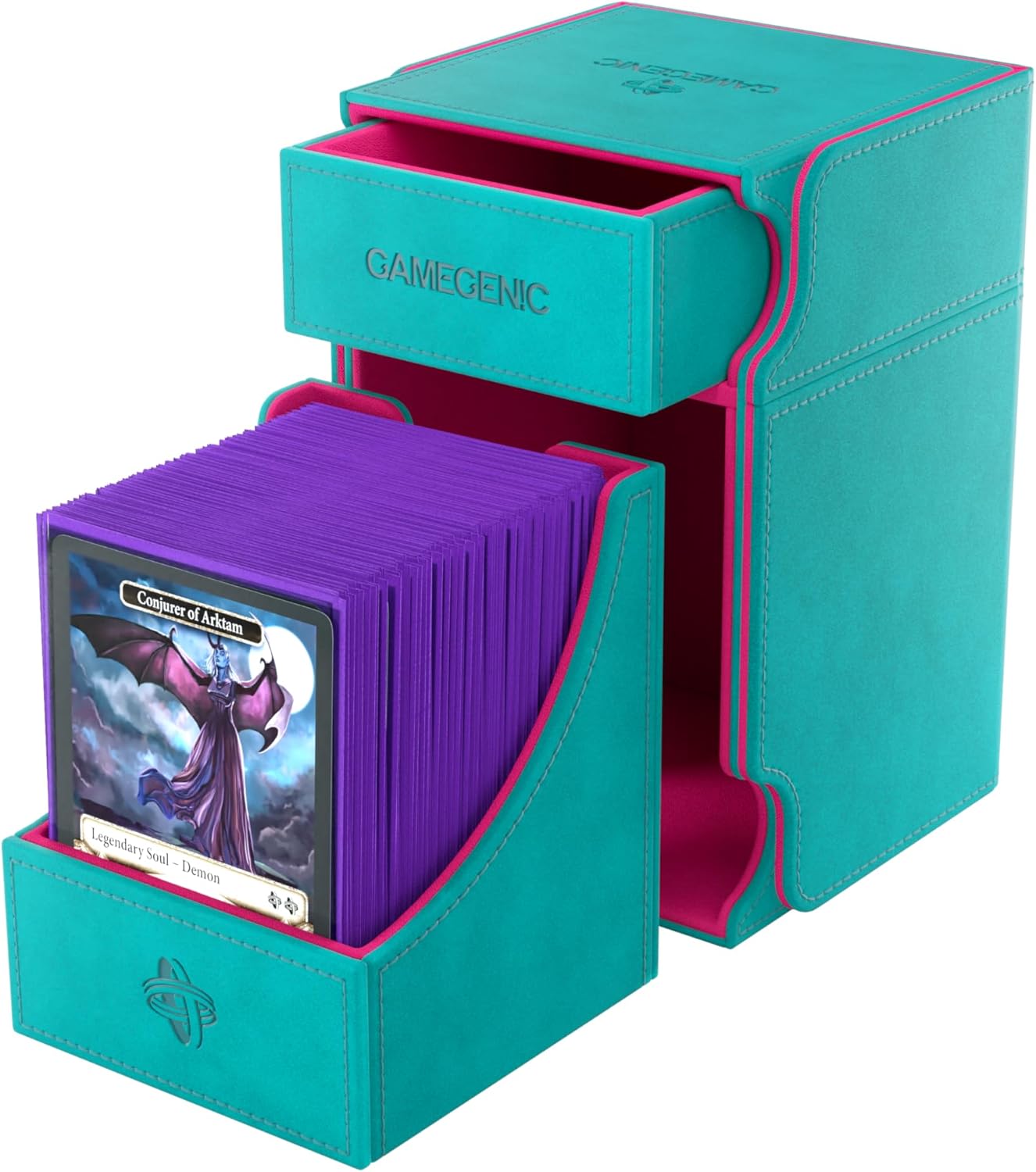 Gamegenic Watchtower 100+ XL Convertible Deck Box - Double-Sleeved Card Storage, Card Game Protector, Nexofyber Surface, Holds Up To 100 Cards, Teal/Pink Color, Made