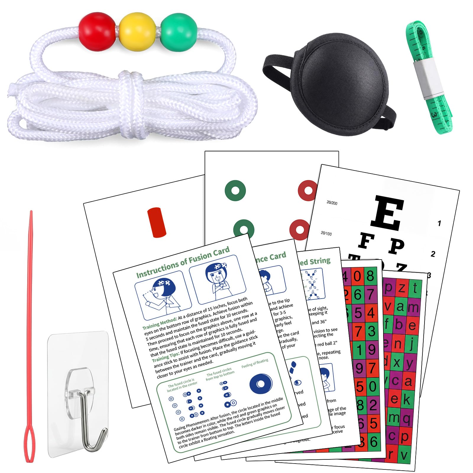 Photo 1 of 14 Pcs 7.5 ft Vision Convergence Beads Training Kit with Clear User Manual, Eye Chart, Eye Patch, Strabismus Correction Cards for Convergence Insufficiency Eyes Coordination Amblyopia Support