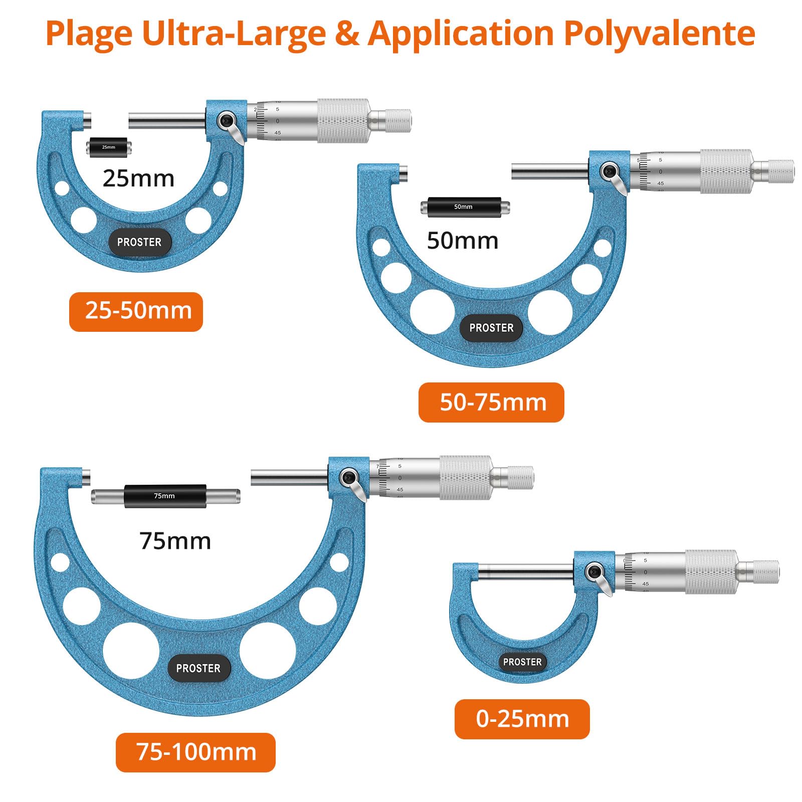 Proster Micromètre Extérieur 0–100mm 4 Pièces – Précision 0,01mm avec Ratchet Stop, Satin Chrome & Échelle Laser, Ensemble Professionnel pour Atelier, Contrôle Qualité et Machiniste