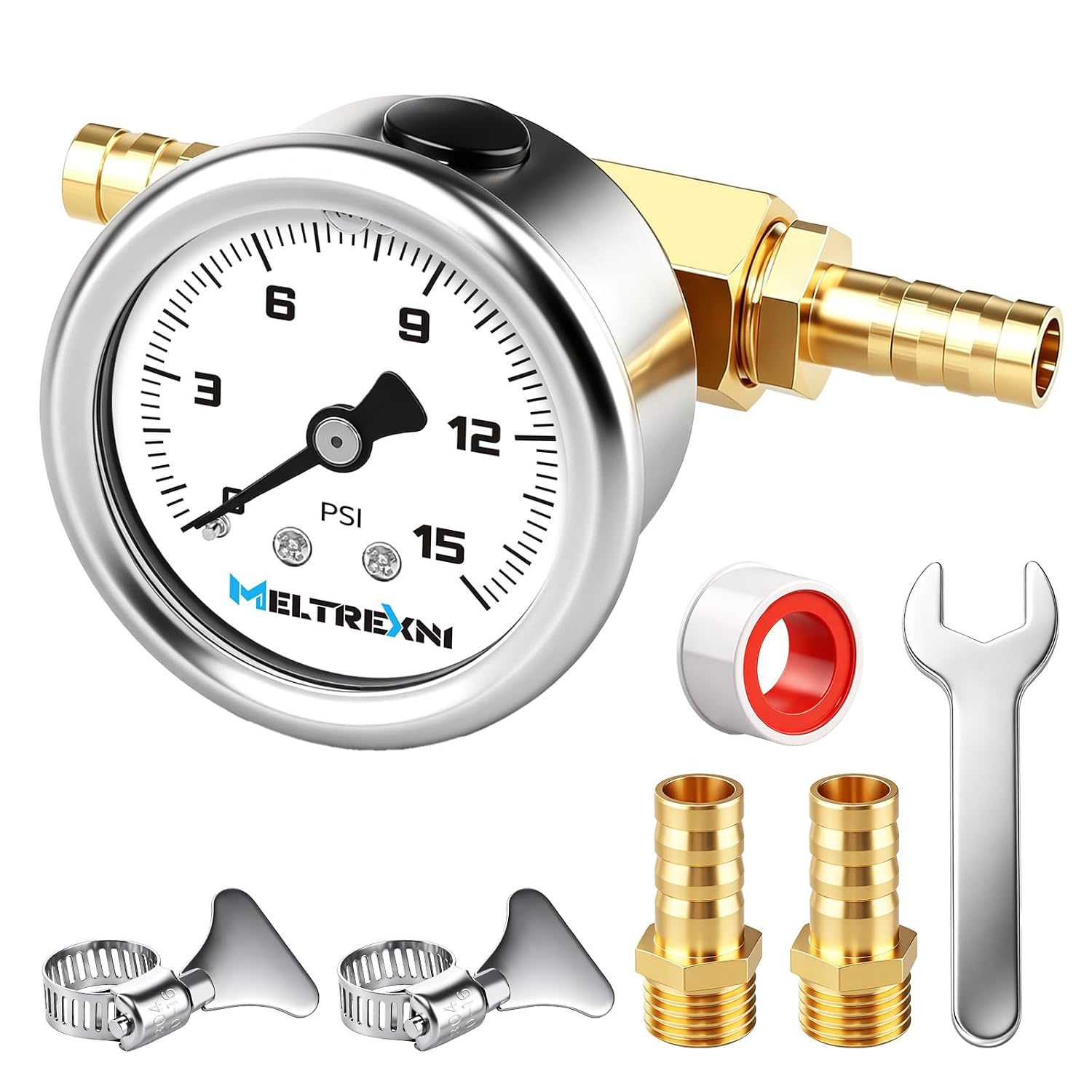 Fuel Pressure Gauge, 0-15psi Fuel Pressure Test Kit, Glycerin Filled Inline Fuel Pressure Regulator with Gauge,with 3/8'',5/16'' Barb Mounting Connection for Car Fuel Pressure Test