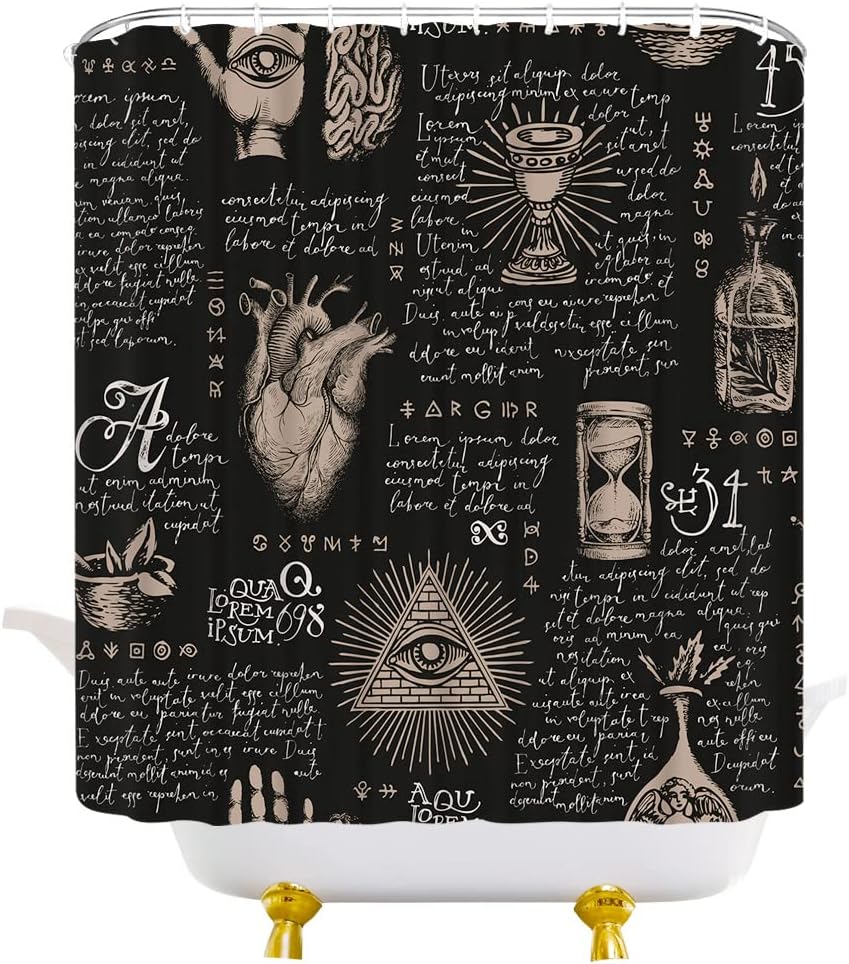 Black Retro Shower Curtain Witchcraft Wizard Divination Black Alchemy Bat Skull Mystic Eye Gothic Halloween Bathroom Bathtub Decorative Curtains with Hooks