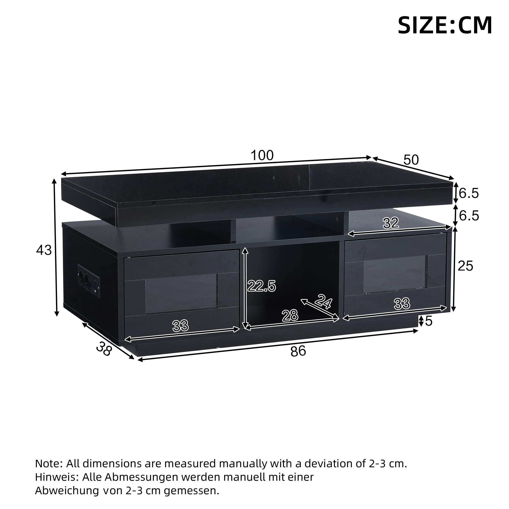 Merax Couchtisch Schwarz, Wohnzimmertisch Hochglanz mit LED Beleuchtung, Beistelltisch Kaffeetisch mit Schrank & Offene Staufächer, Sofatisch mit Ladeanschluss, Rechteckiger Mitteltisch, 100×50×43cm