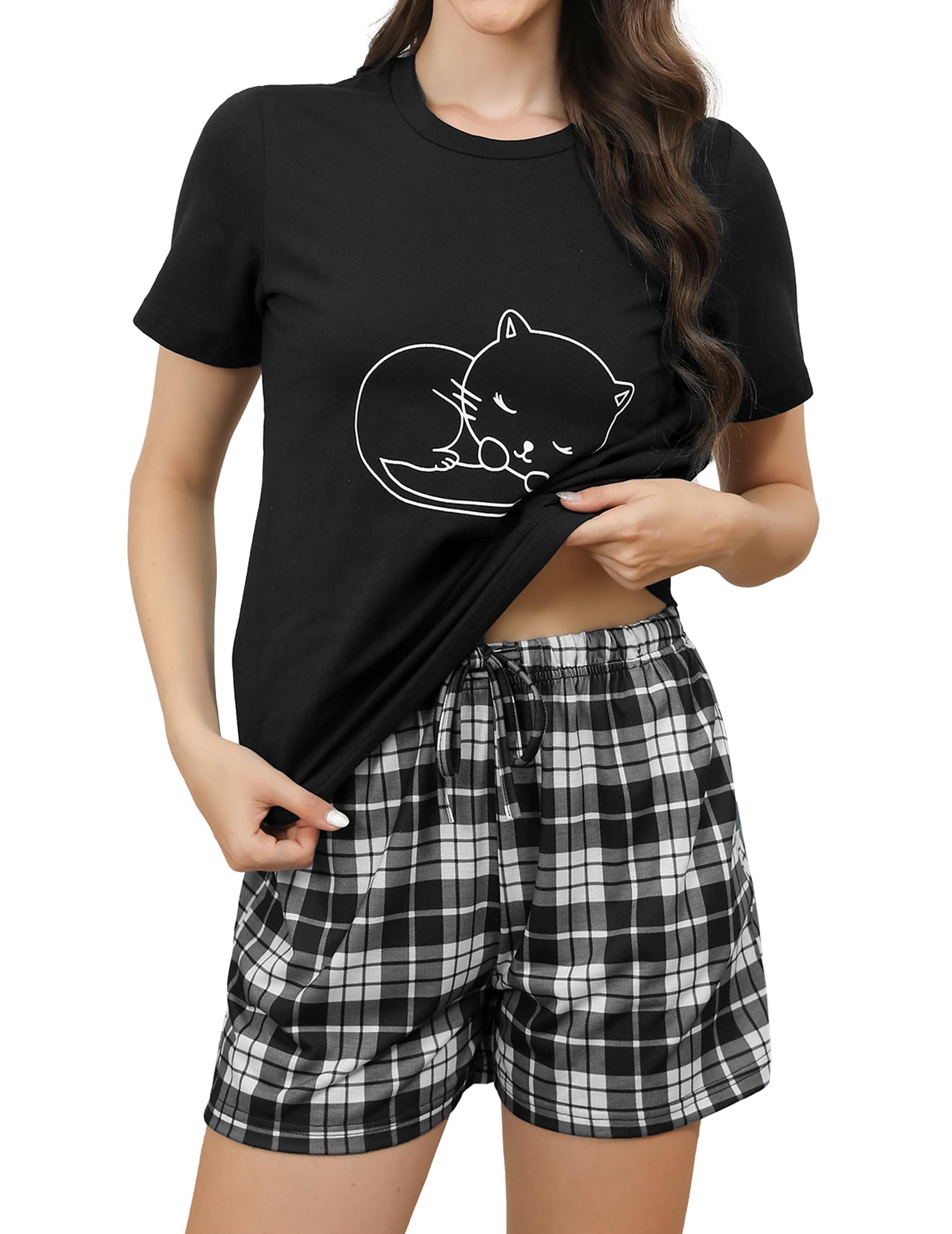 Reliwel Schlafanzug Damen Kurz Baumwolle Pyjama Set Kurzarm Nachtwäsche Set Sommer Zweiteiliger T-Shirt und Damen Pyjamahose Sleepwear Hausanzug Loungewear