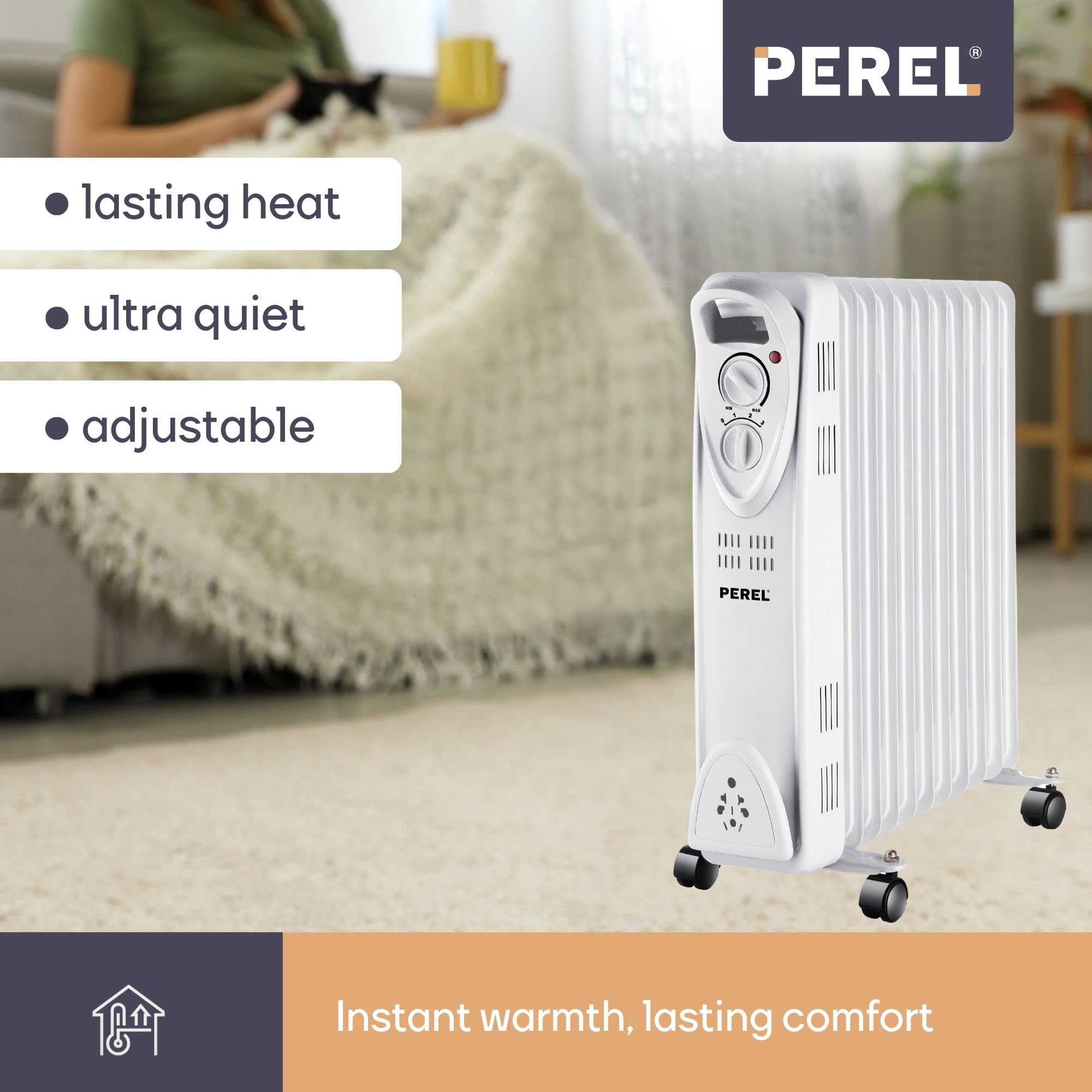 Perel Radiador de aceite de 2500W con 11 elementos, 3 niveles de calor, termostato ajustable, asa, ruedas, protección contra sobrecalentamiento y vuelco, calefactor portátil, silencioso y eficiente